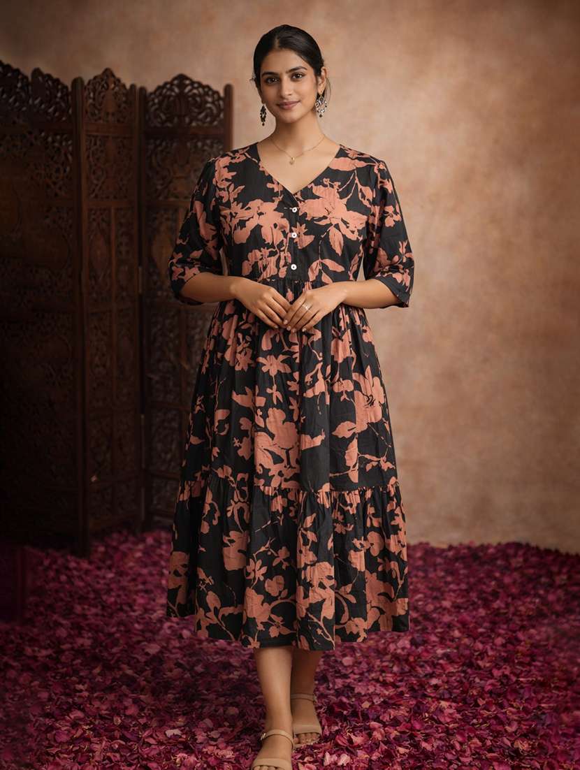 women floral cotton fit & flare tiered dress