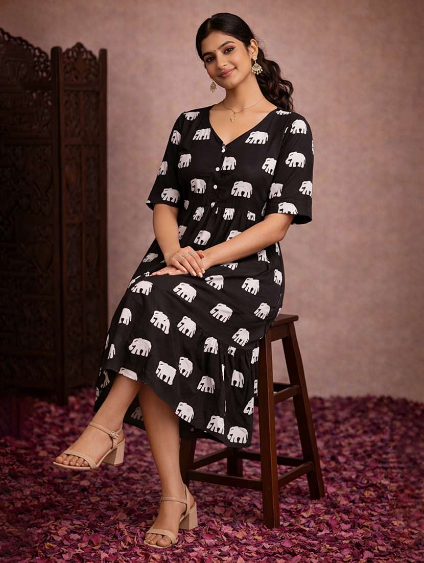 Printed Tiered Cotton Fit & Flare Dress - 22463364 -  Standard Image - 2