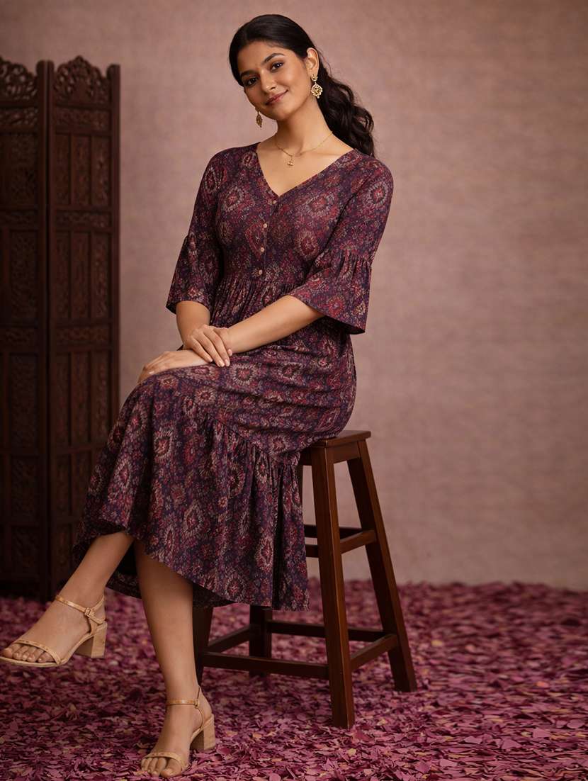women navy blue cotton fit & flare dress - 22463365 -  Standard Image - 2
