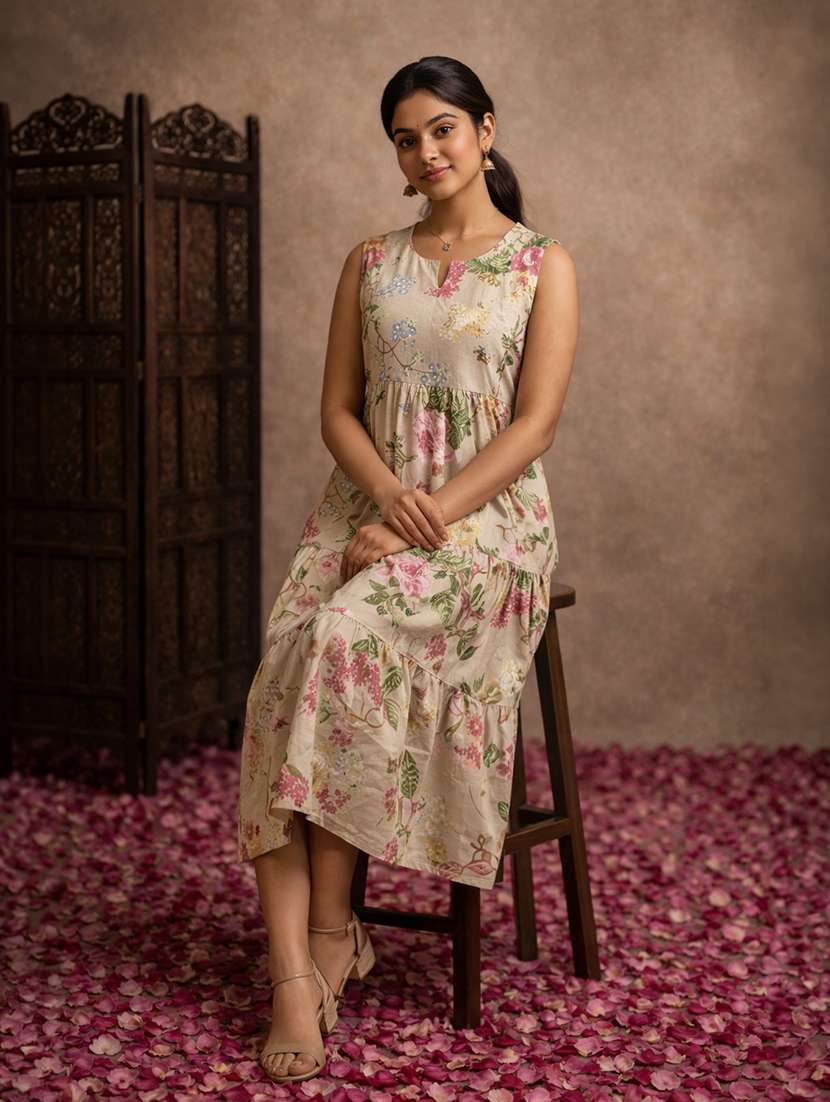 women beige cotton fit & flare dress - 22463368 -  Standard Image - 2