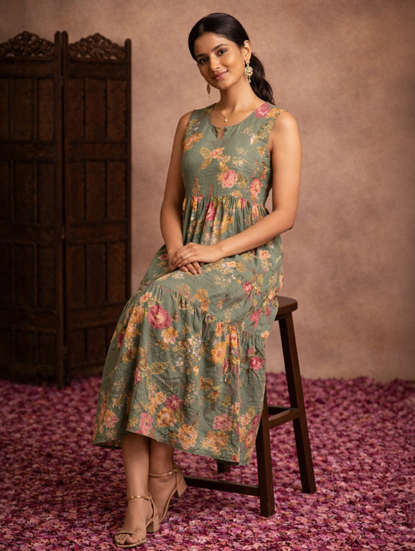 women green cotton fit & flare dress - 22463369 -  Standard Image - 2