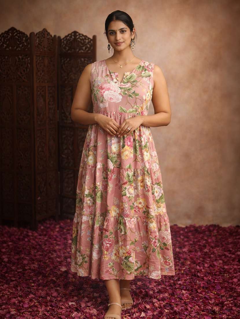 women peach cotton fit & flare dress