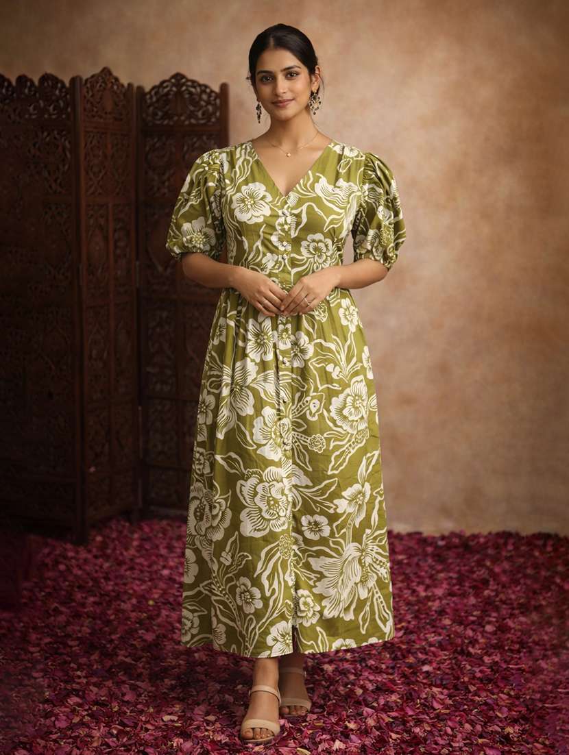 women green cotton a-line dress