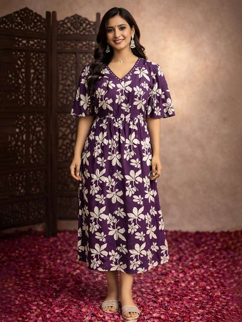 women purple cotton fit & flare dress