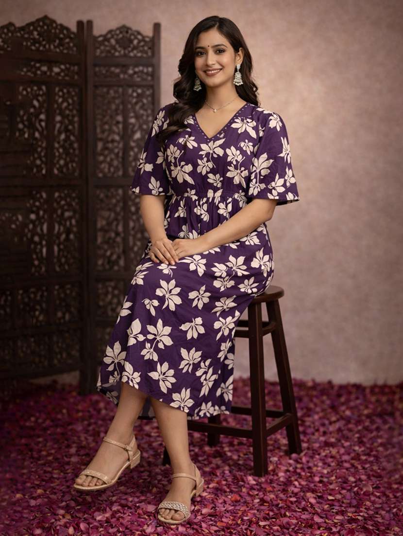women purple cotton fit & flare dress - 22463378 -  Standard Image - 2
