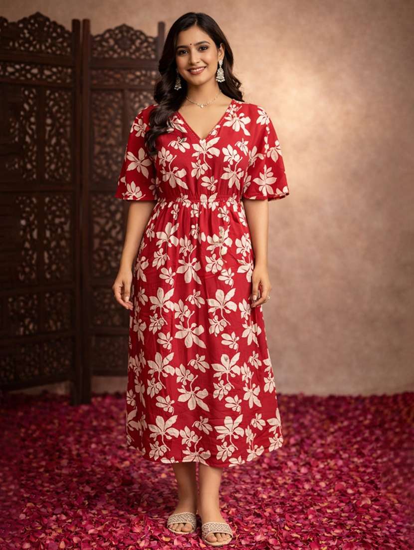 women red cotton fit & flare dress