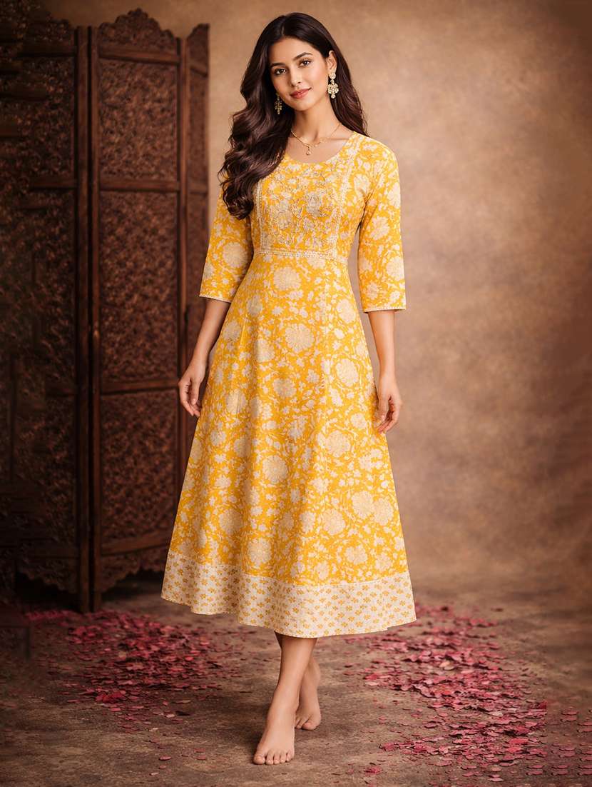 women yellow cotton fit & flare dress
