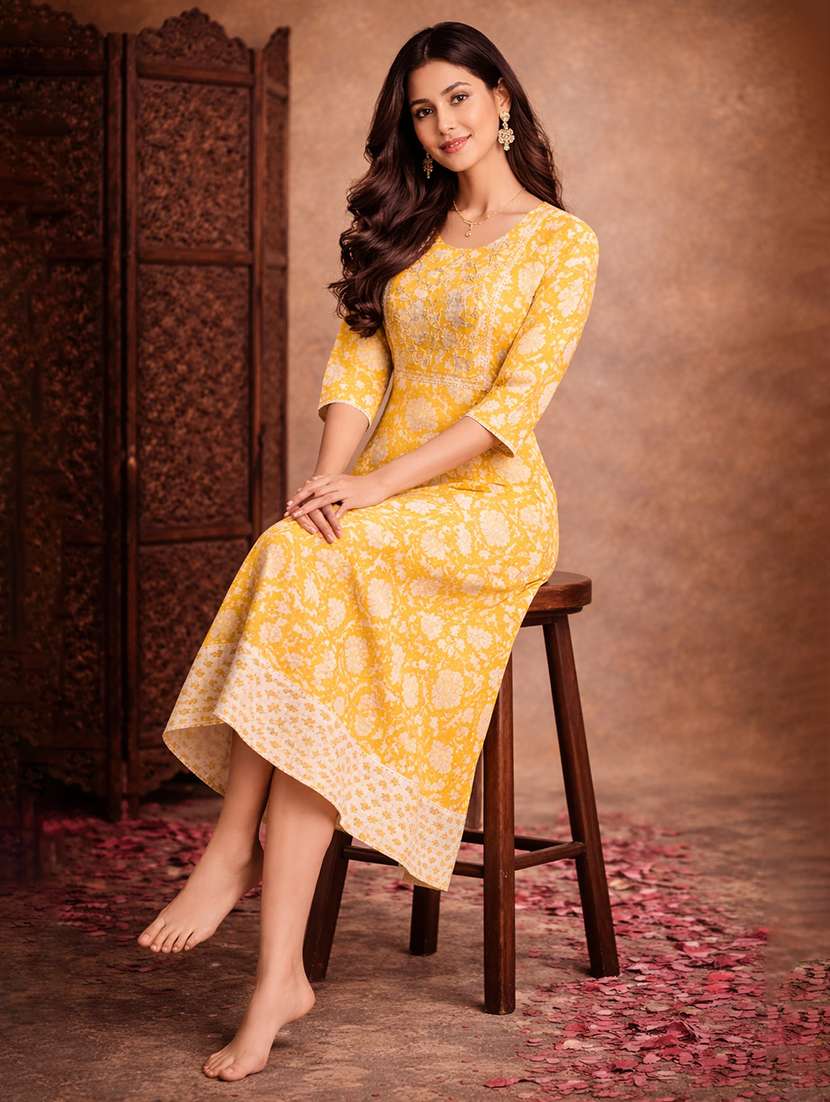 women yellow cotton fit & flare dress - 22463381 -  Standard Image - 2