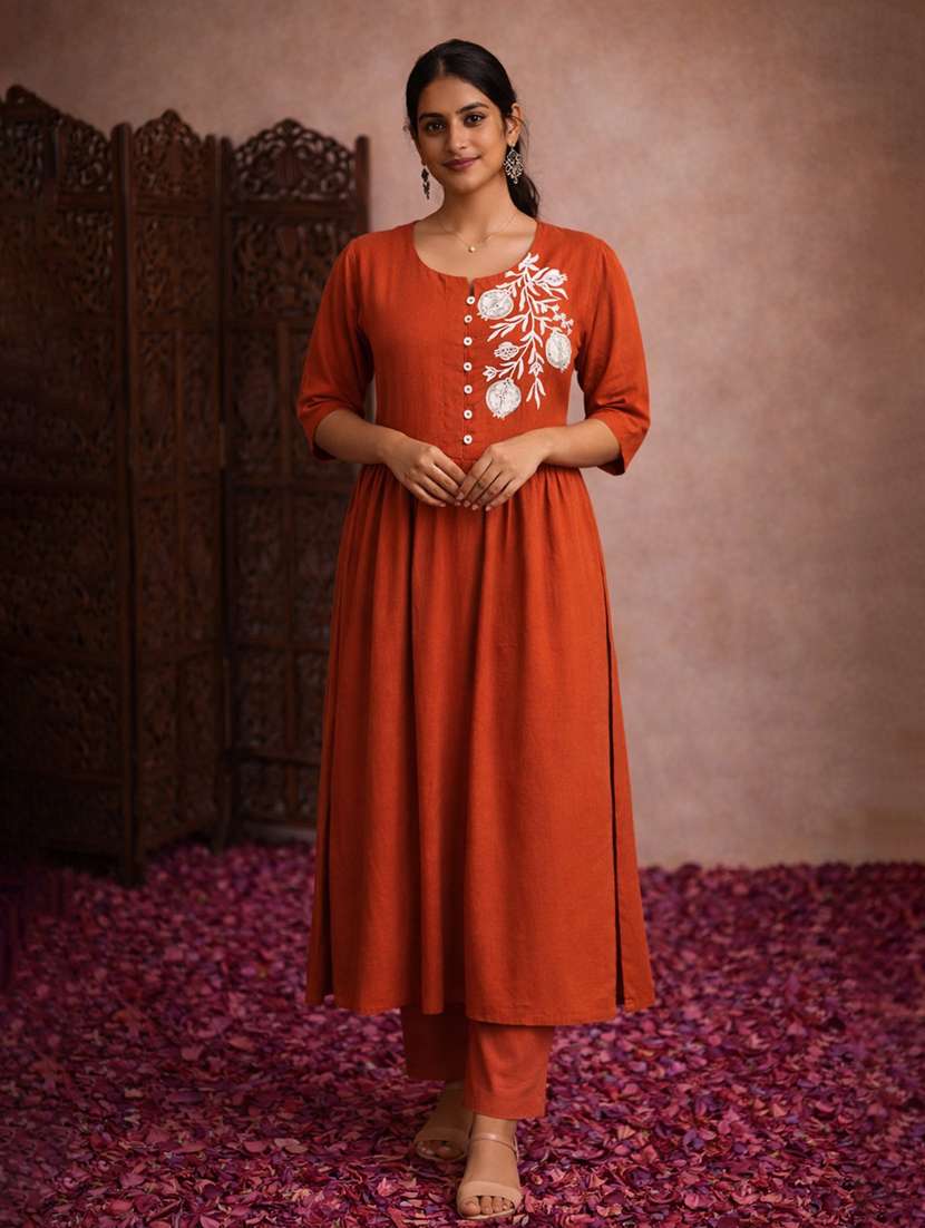 women rust cotton straight kurti