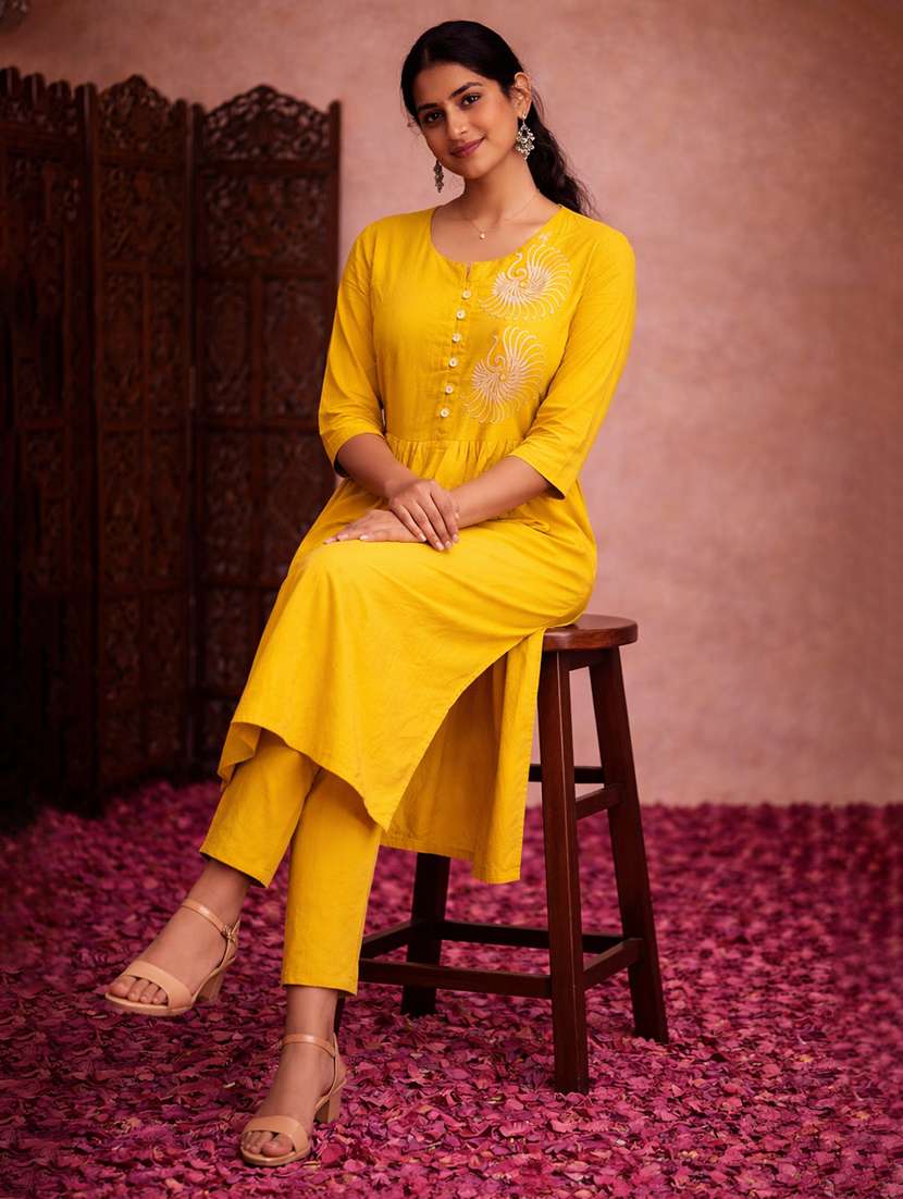 women yellow cotton straight kurti - 22463407 -  Standard Image - 2