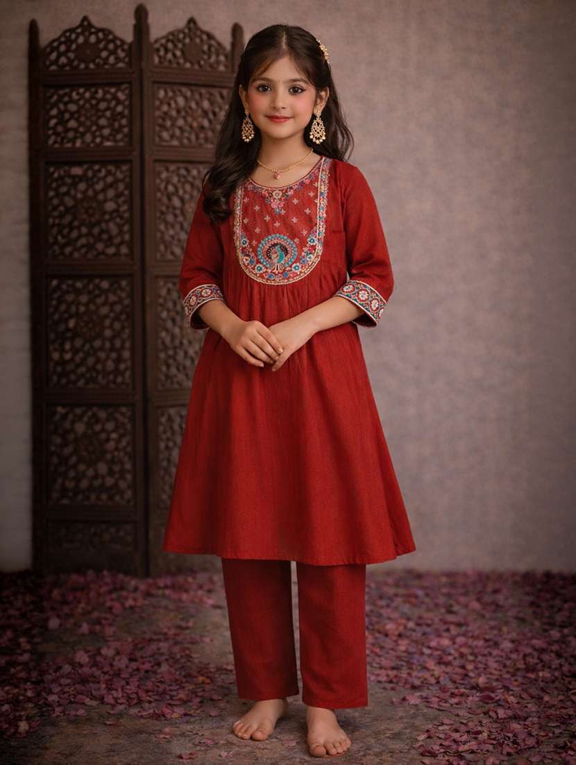 girls rust silk blend kurta pant set suit set