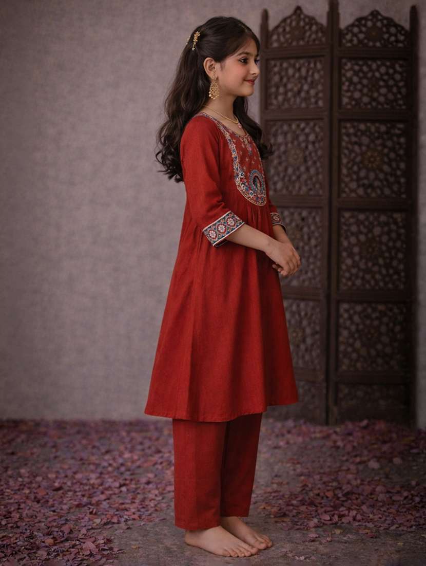 girls rust silk blend kurta pant set suit set - 22463417 -  Standard Image - 2