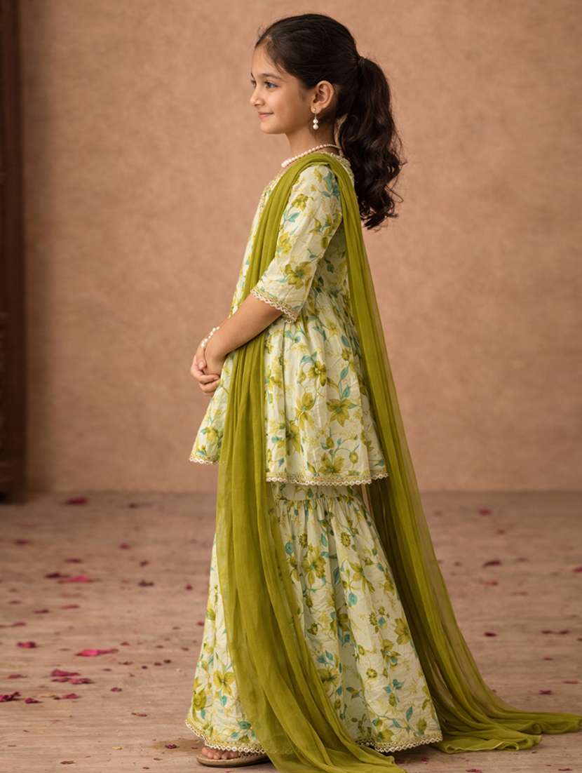 girls sea green cotton kurta sharara set suit set - 22463426 -  Standard Image - 2