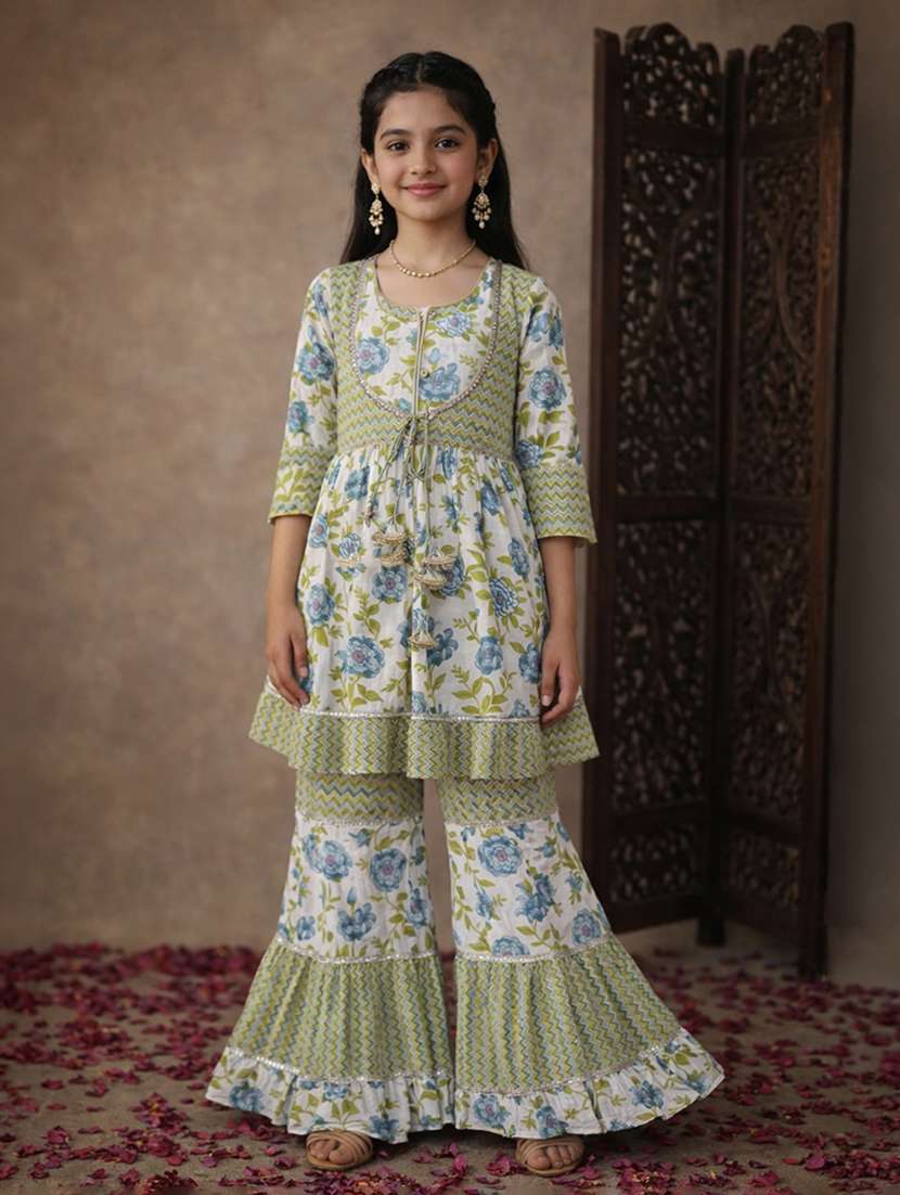 girl floral sea green cotton kurta sharara set suit set