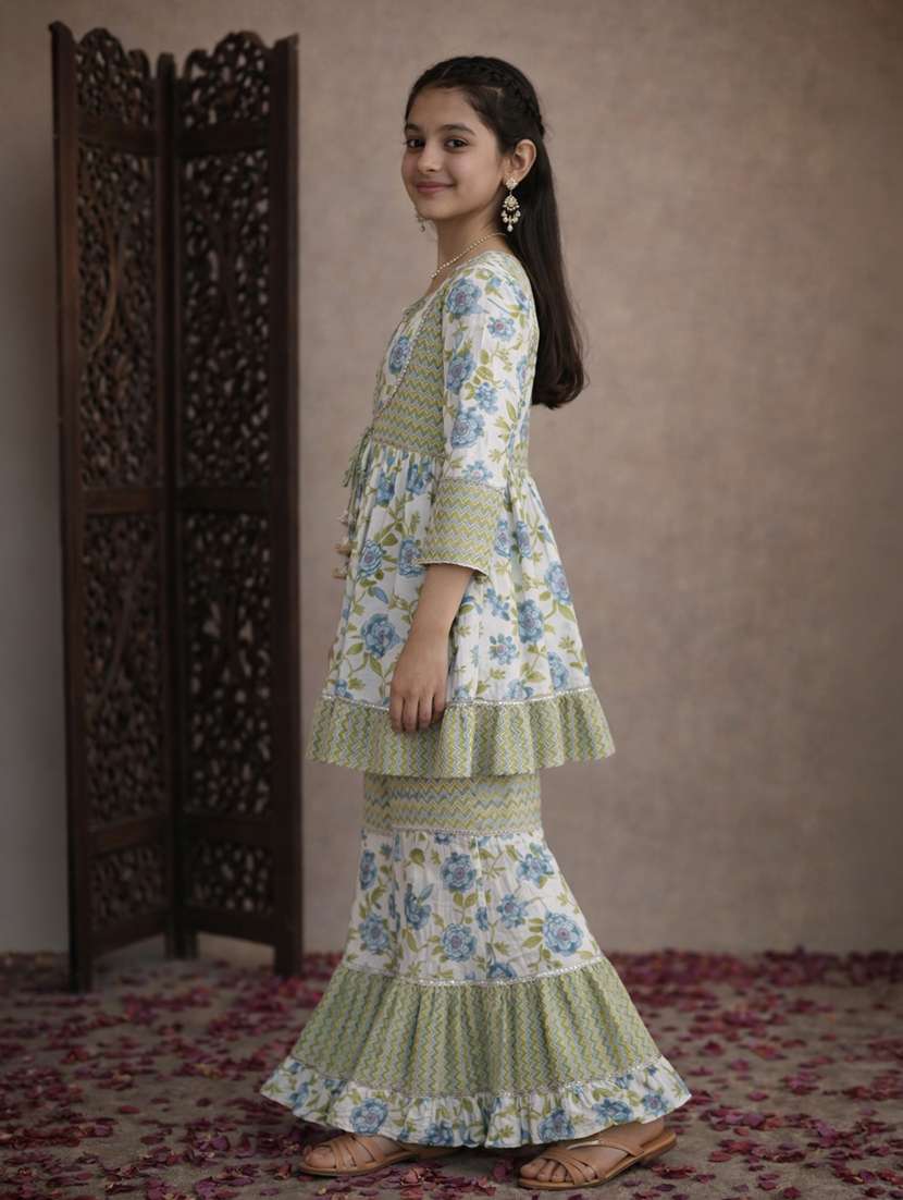 girl floral sea green cotton kurta sharara set suit set - 22463432 -  Standard Image - 2