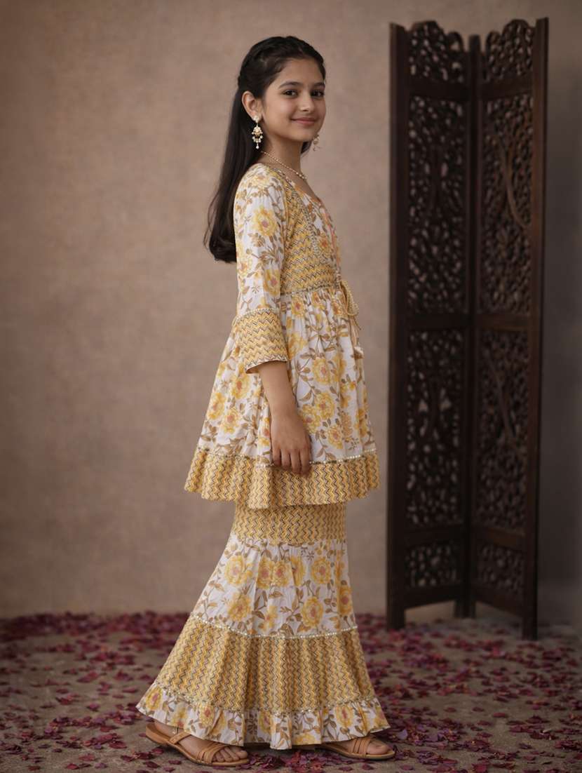 girl cream cotton kurta sharara set suit set - 22463433 -  Standard Image - 2