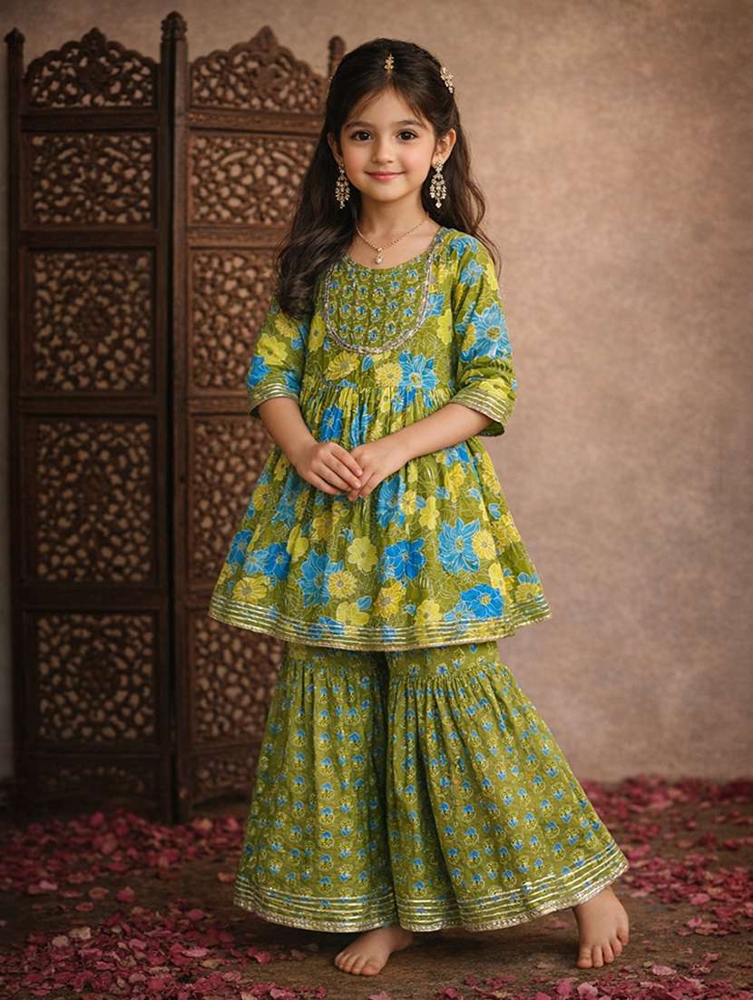girls sea green cotton kurta sharara set suit set