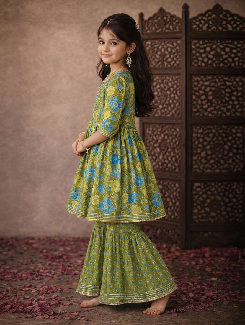 girls sea green cotton kurta sharara set suit set - 22463434 -  Standard Image - 2