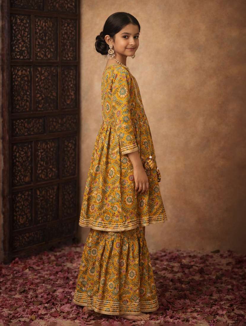 girls yellow cotton kurta sharara set suit set - 22463435 -  Standard Image - 2