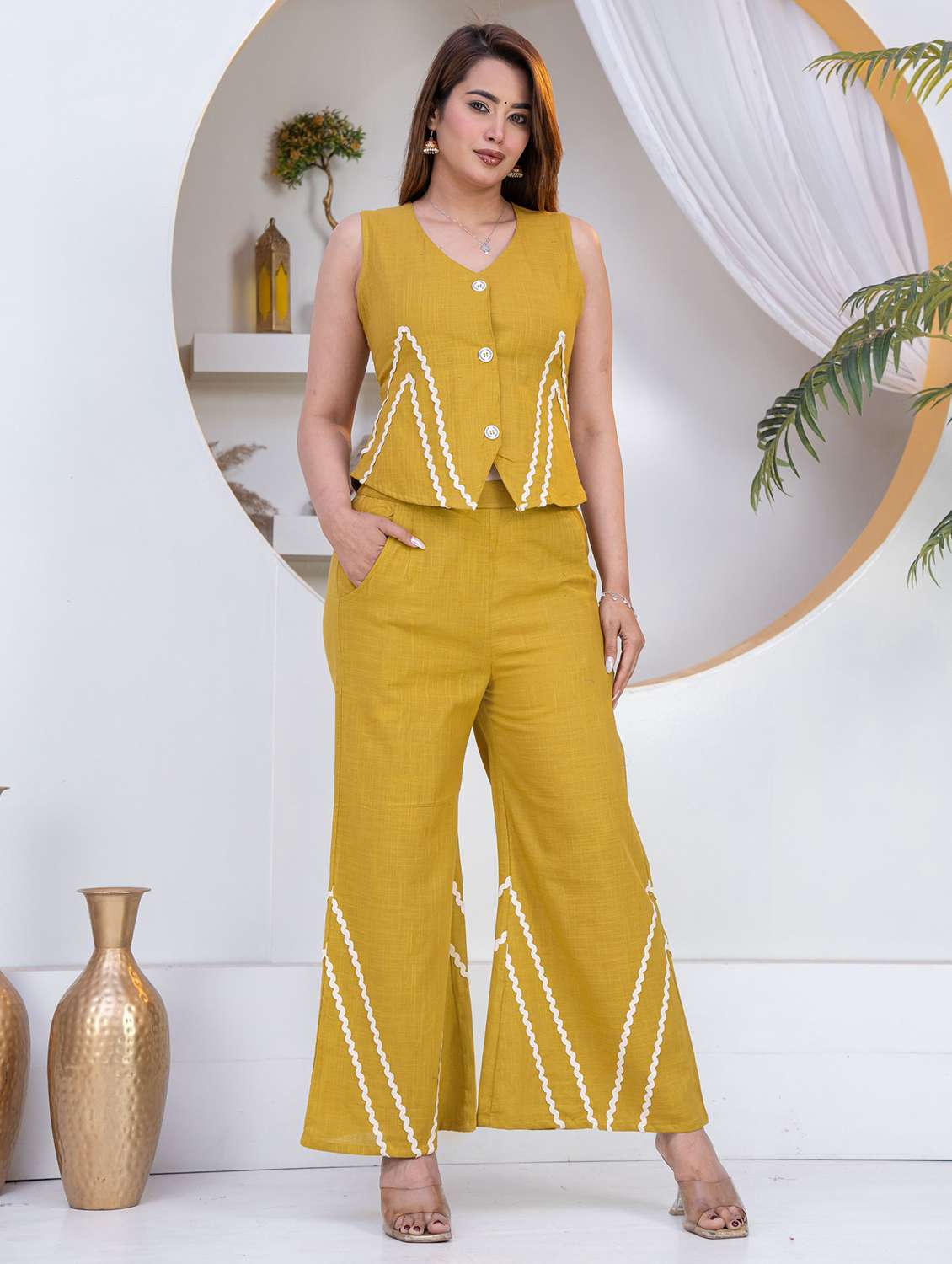women yellow cotton top and trouser co-ord set - 22463442 -  Standard Image - 2