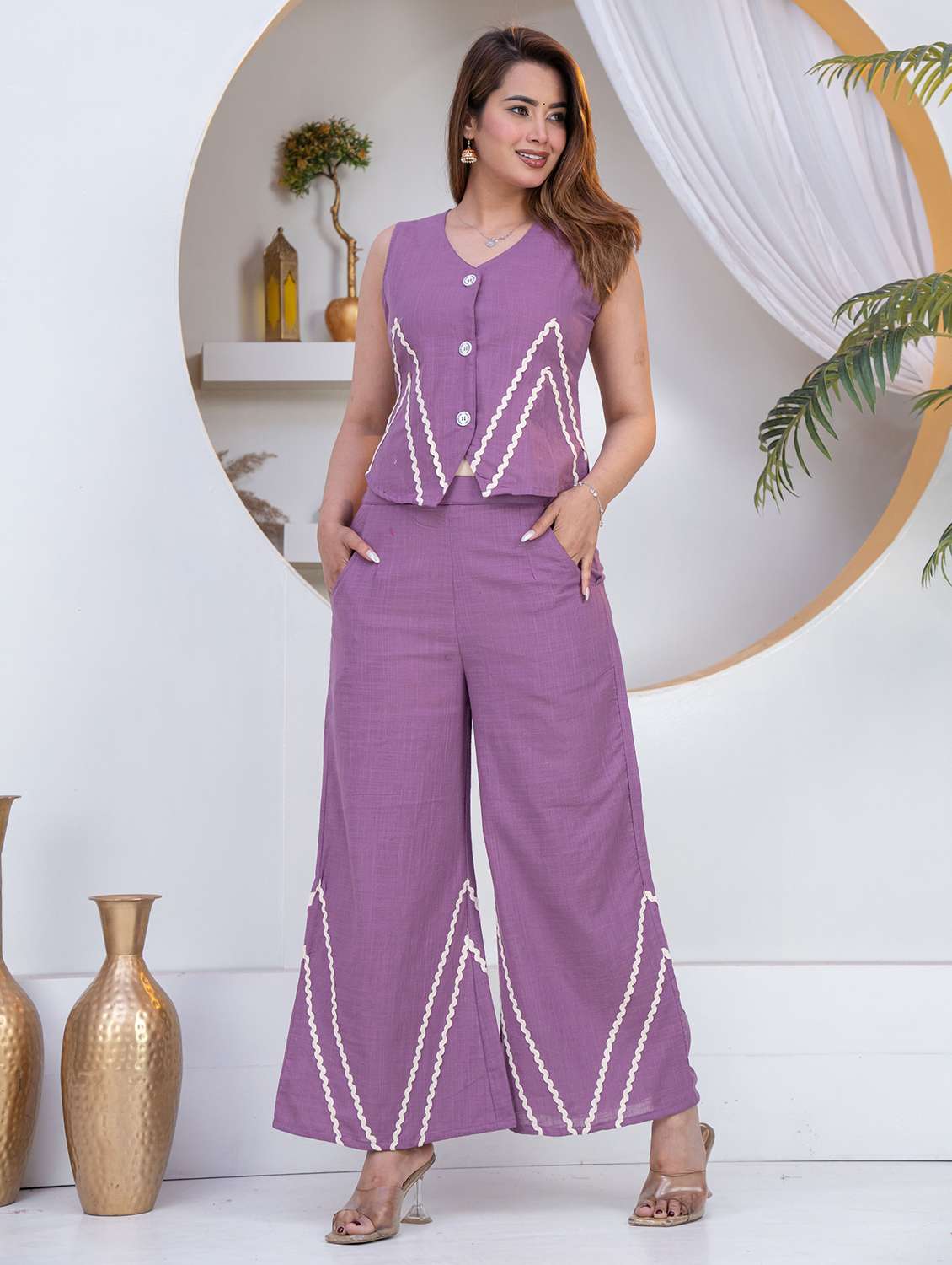 women purple cotton top and trouser co-ord set - 22463443 -  Standard Image - 2