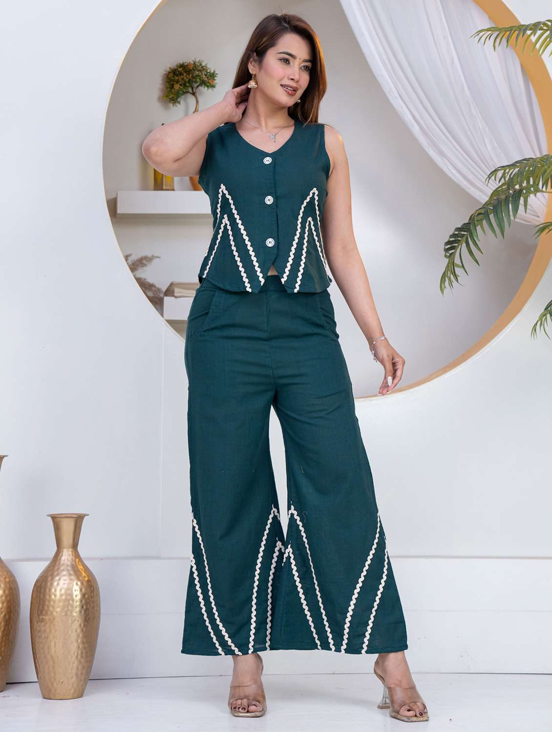 women teal cotton top and trouser set - 22463461 -  Standard Image - 2