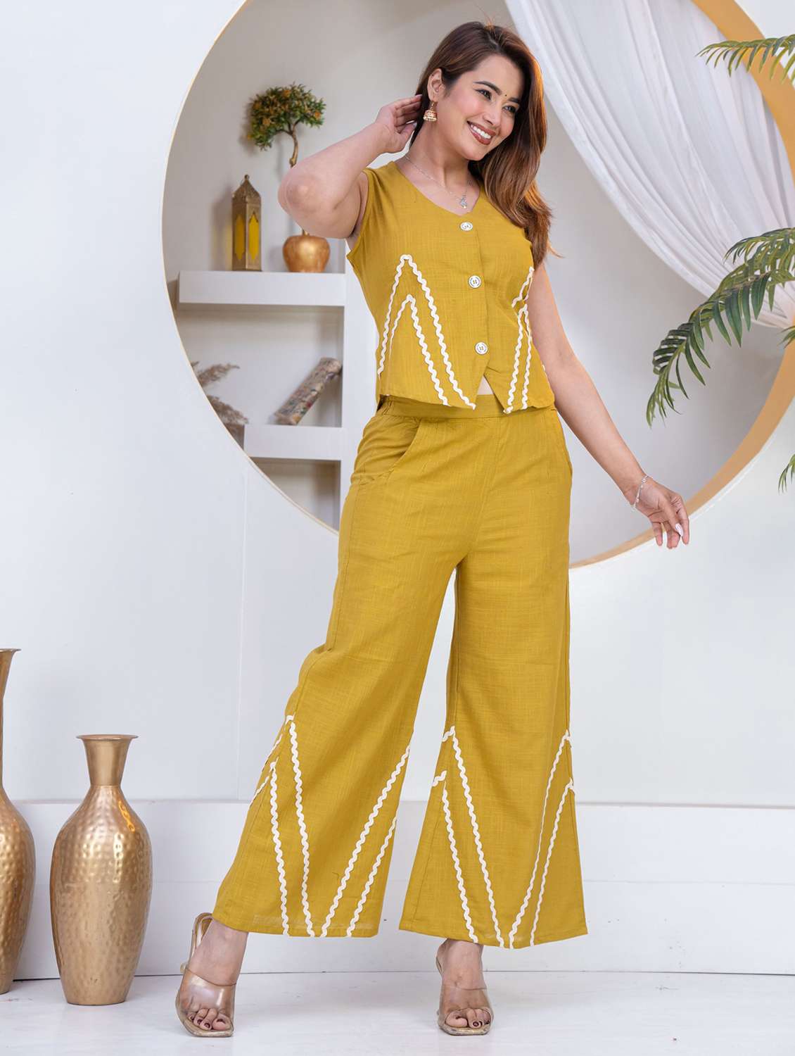 Women Yellow Cotton Top And Trouser Set - 22463462 -  Standard Image - 2