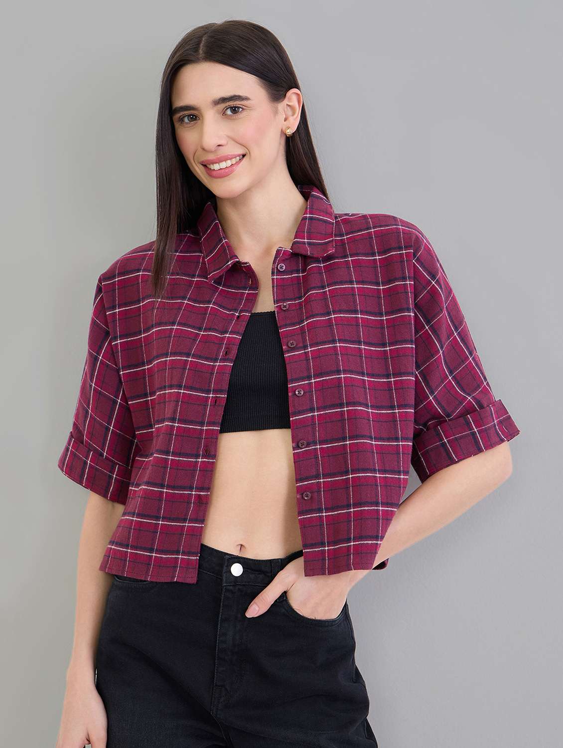 women checks burgundy cotton crop shirt - 22463548 -  Standard Image - 2