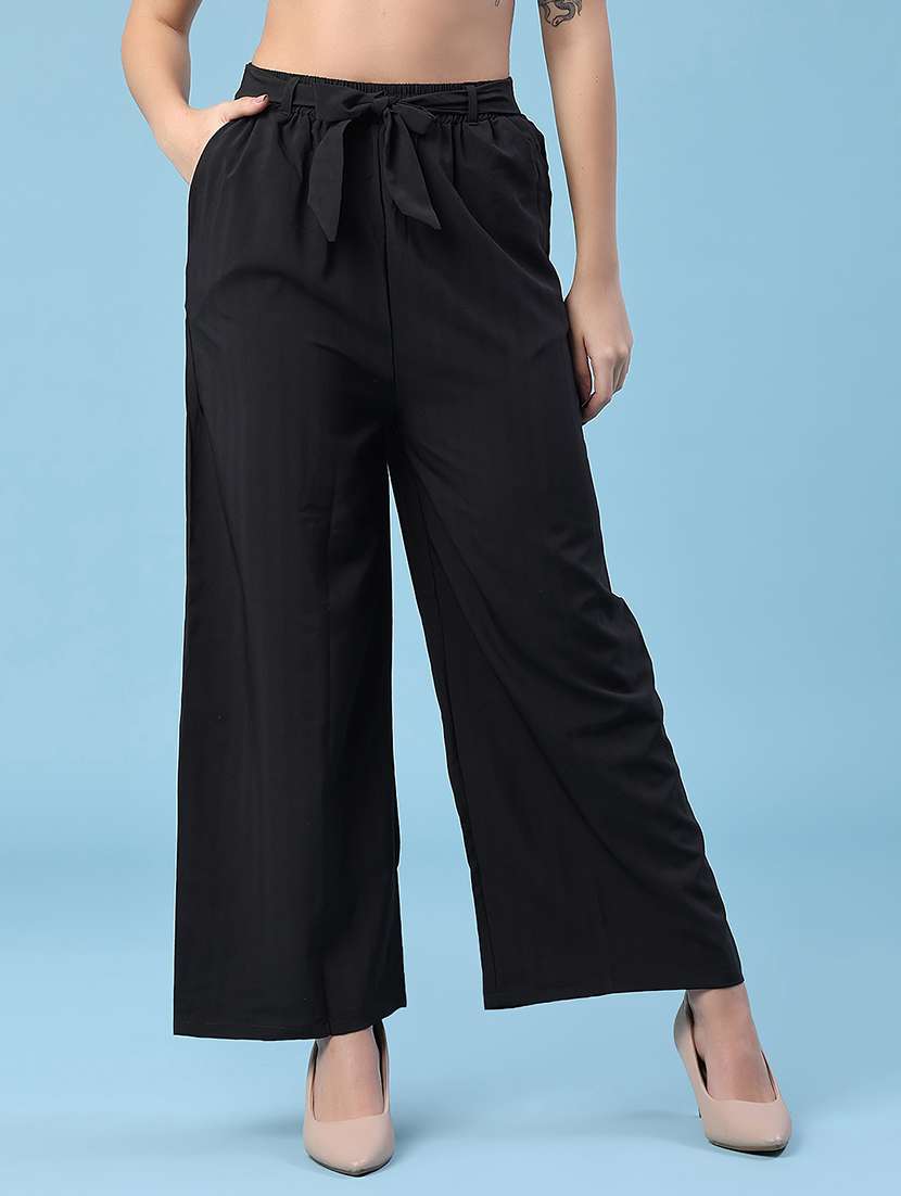 women solid mid rise wide leg trouser