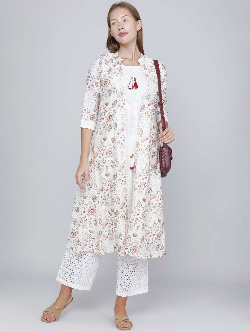 women printed three quarter sleeves kurta with jacket
