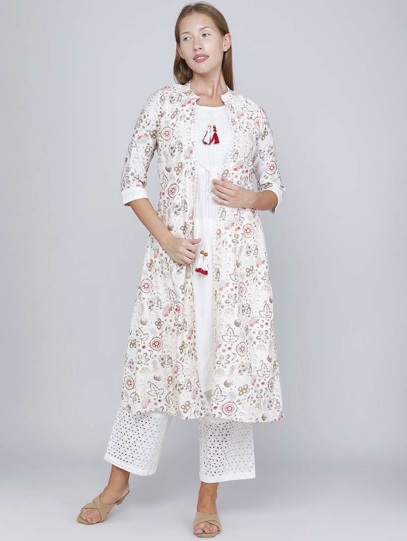 women printed three quarter sleeves kurta with jacket - 22464286 -  Standard Image - 2