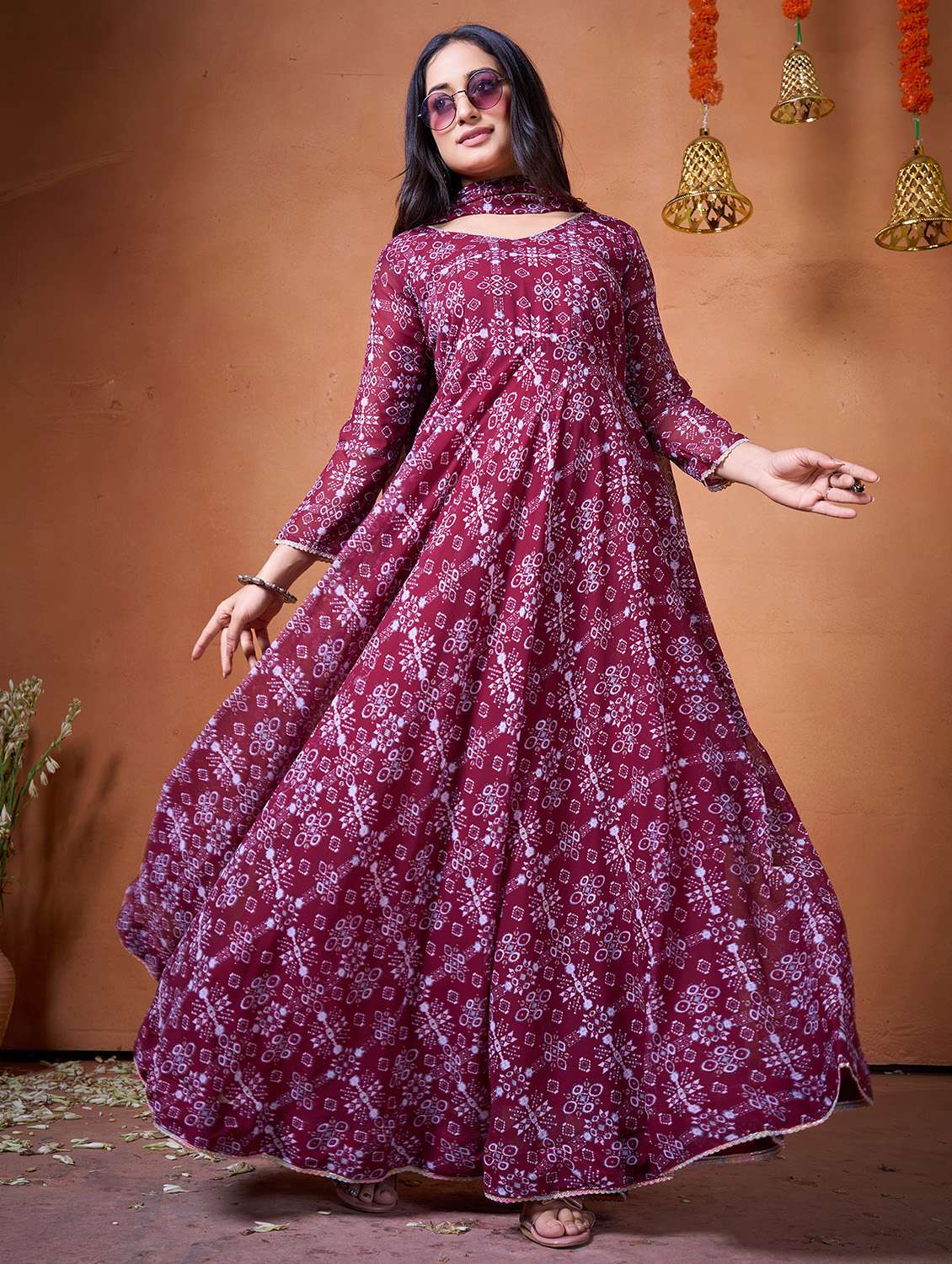 women maroon georgette fit & flare gown