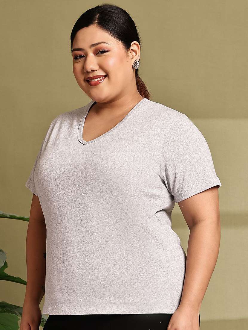 Women Solid Grey Cotton Regular T-shirt - 22465120 -  Standard Image - 2
