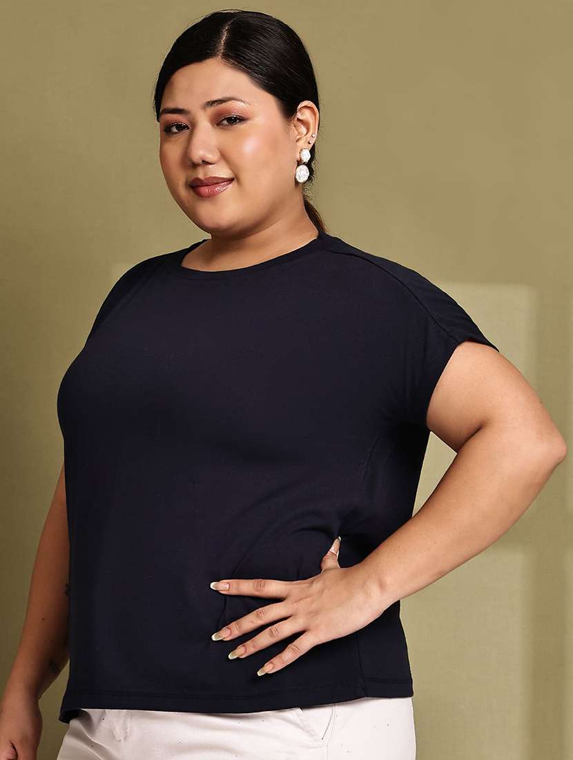 women solid navy blue cotton regular t-shirt - 22465131 -  Standard Image - 2