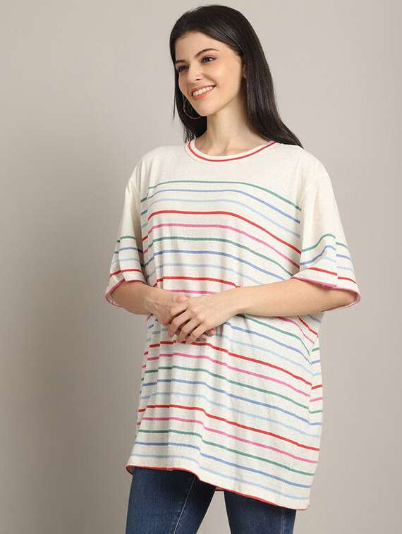 women stripes multi colored cotton oversized t-shirt - 22465141 -  Standard Image - 2