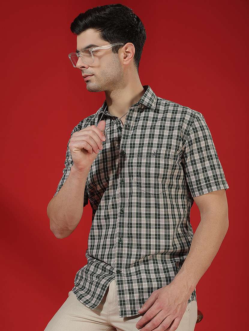 men checkered short sleeve slim fit casual shirt