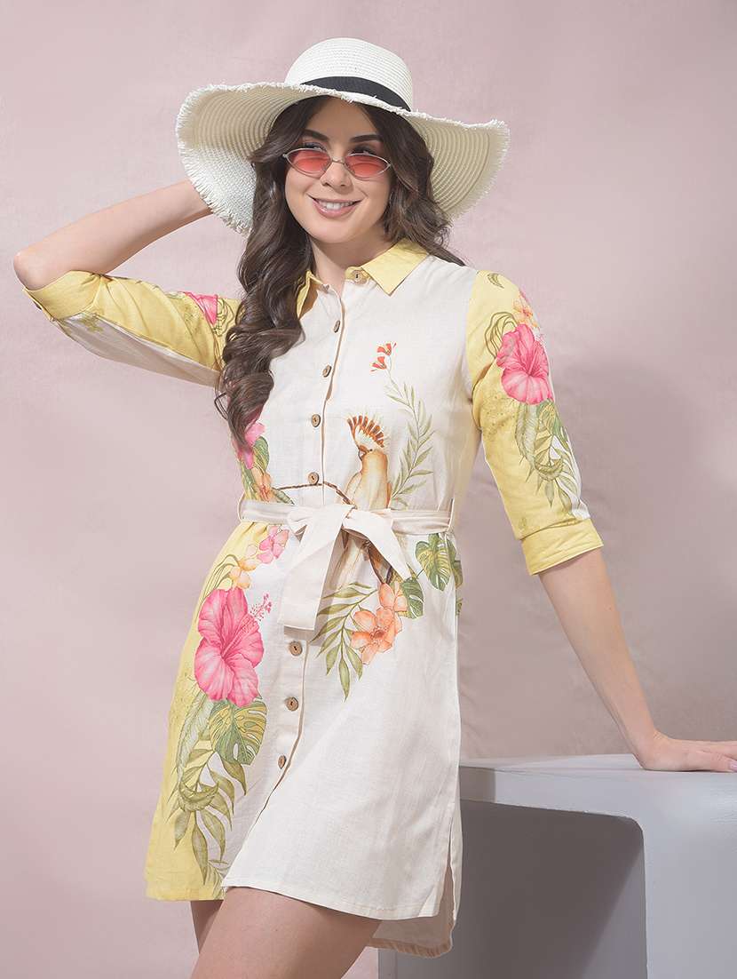 women floral printed elbow sleeves shirt dress