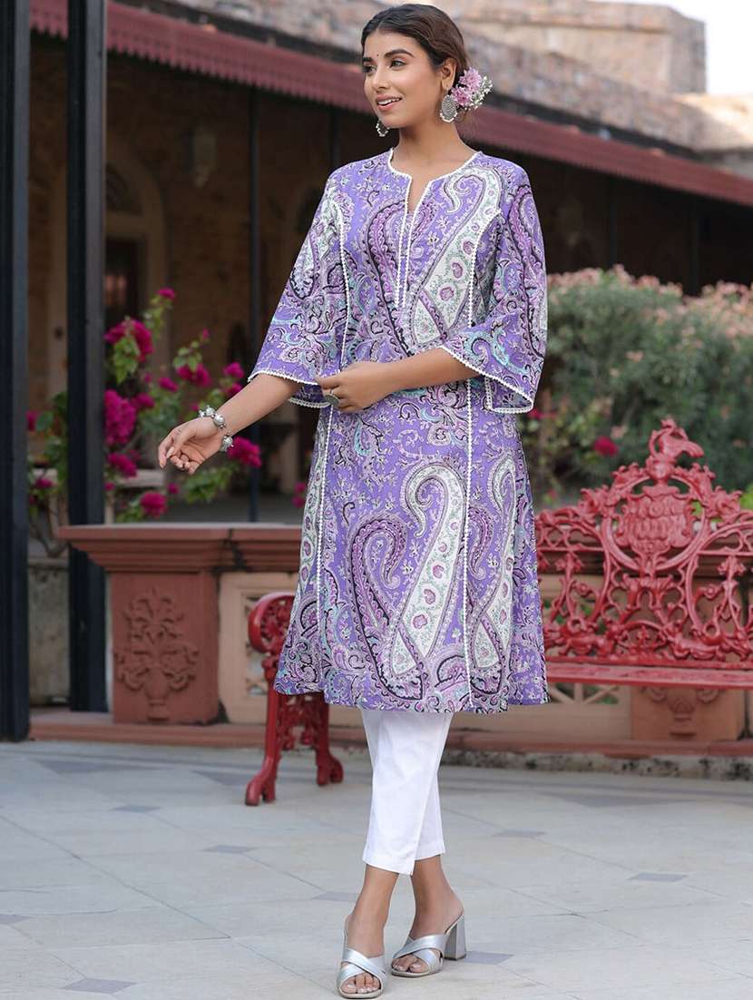 women lavender cotton blend straight kurta - 22465768 -  Standard Image - 2