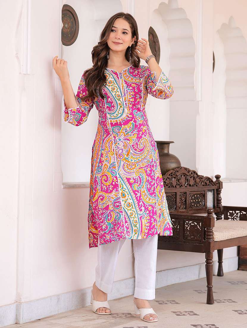 women pink cotton blend straight kurta - 22465773 -  Standard Image - 2