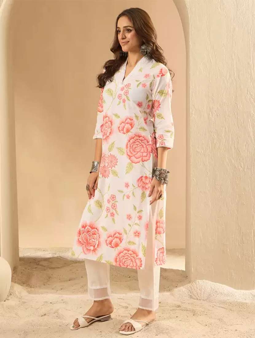 women beige cotton blend straight kurta - 22465775 -  Standard Image - 2