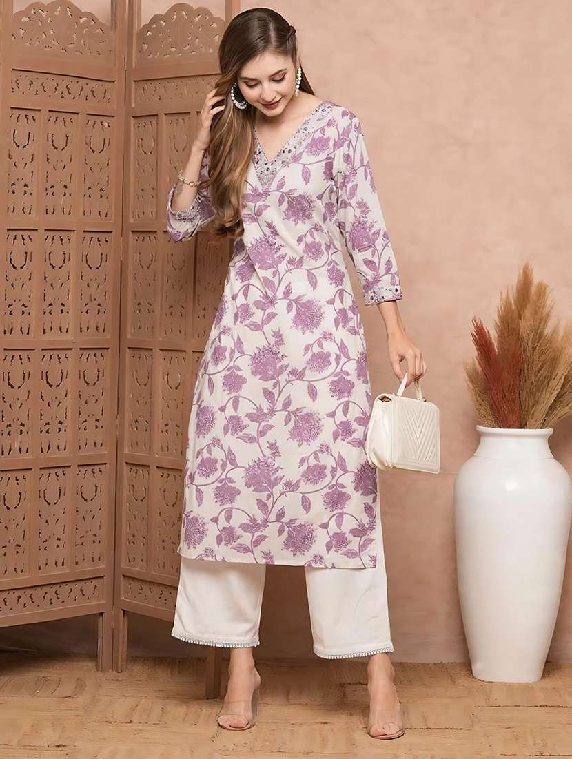 women purple cotton blend straight kurta - 22465777 -  Standard Image - 2