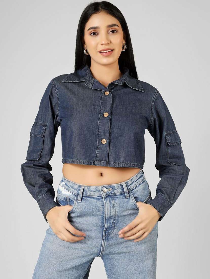 Women Solid Long Sleeve Crop Denim Shirt - 22465790 -  Standard Image - 2