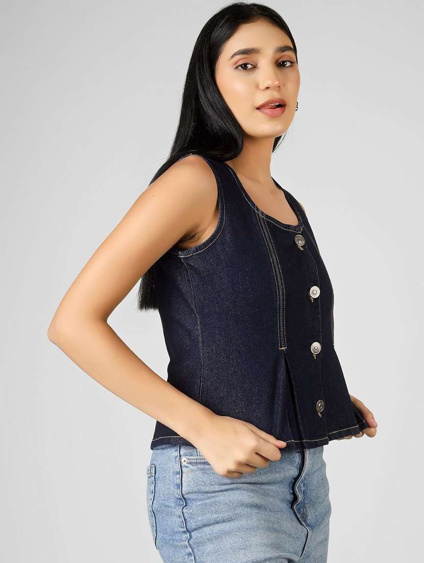 women solid navy blue cotton regular top - 22465912 -  Standard Image - 2