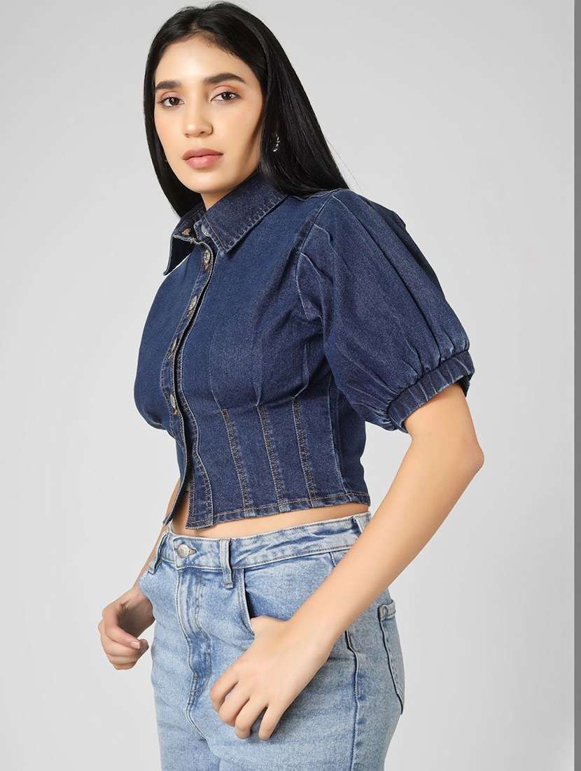 women solid blue cotton crop top - 22465913 -  Standard Image - 2