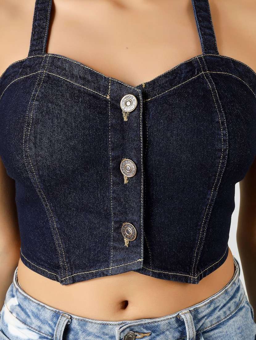 women solid navy blue cotton crop top - 22465916 -  Standard Image - 2