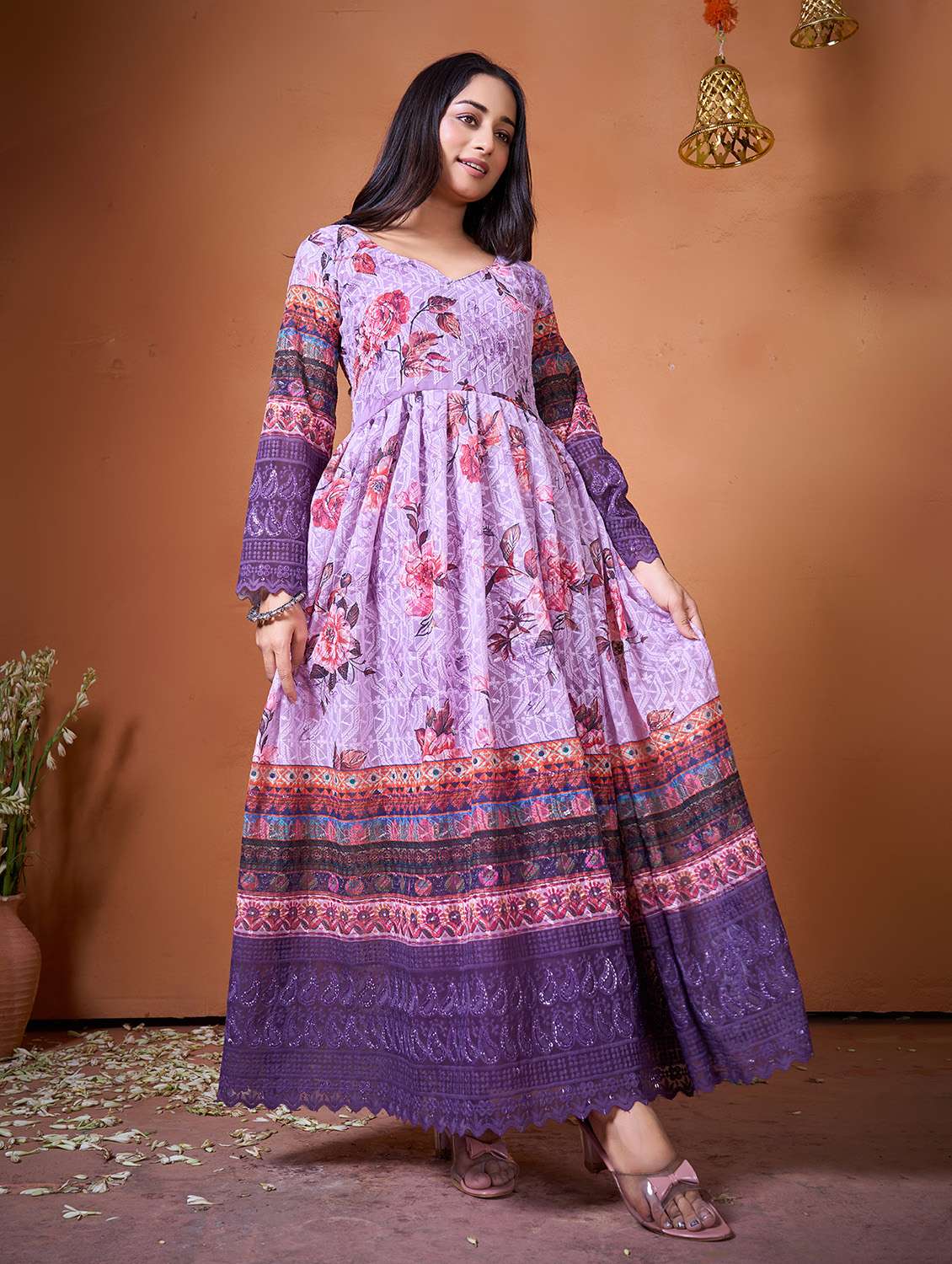 women multi colored georgette fit & flare gown