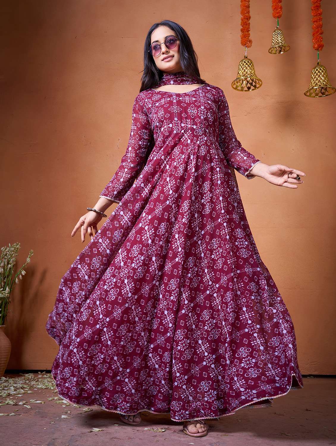 women maroon georgette fit & flare gown