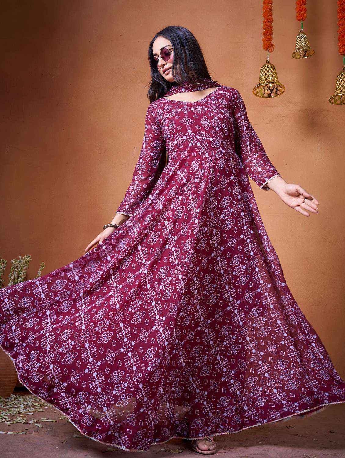 women maroon georgette fit & flare gown - 22465919 -  Standard Image - 2