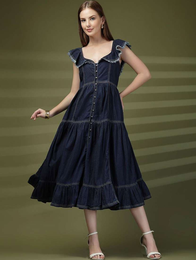 women navi blue denim fit & flare dress - 22466273 -  Standard Image - 2