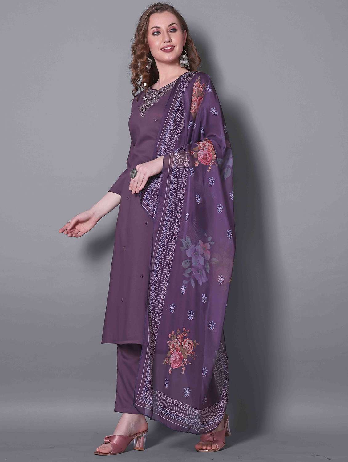 women self design lavender kurta dupatta set - 22466296 -  Standard Image - 2